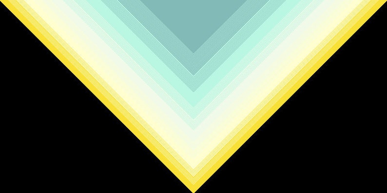 May include: Abstract geometric design with a yellow triangle shape in the center. The triangle is made up of multiple layers of yellow, white, and light blue stripes.