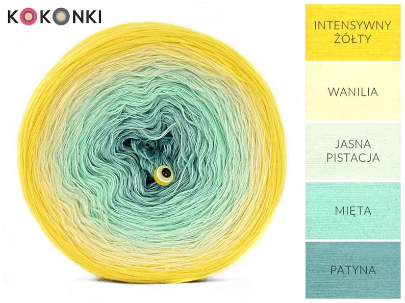 May include: A ball of yarn with a gradient of yellow, light yellow, light green, and dark green. The yarn is wound into a ball and the center of the ball is visible. The yarn is labeled "KOKONKI" and the colors are labeled "INTENSYWNY Ż&Oacute;ŁTY", "WANILIA", "JASNA PISTACJĄ", "MIĘTA", and "PATYNA".