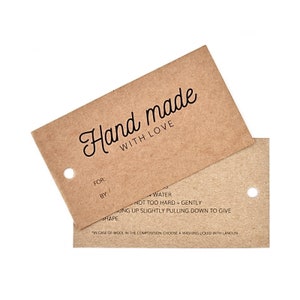 Etichetta Etichetta di carta "Fatto a mano" con istruzioni per il lavaggio 50 x 90 mm per lavoro a maglia disegno all'uncinetto