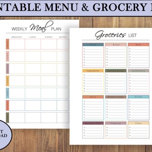 INSTANT DOWNLOAD  Printable Menu Download and Weekly Menu Planner Template | Grocery List Printable | Organization Tools | Meal Planner