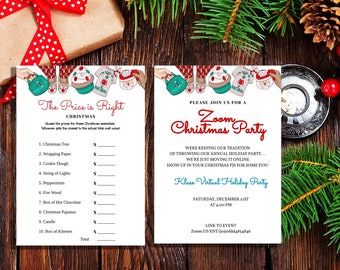 Puede incluir: Dos tarjetas de juego rectangulares blancas con ilustraciones navideñas en la parte superior. La tarjeta de la izquierda se titula The Price is Right Christmas con una lista de diez artículos y líneas en blanco. La derecha es una invitación.