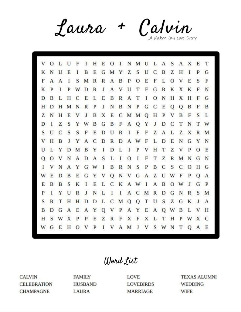 Custom Printable Word Search, Word Search, Custom, Wedding Word Search ...