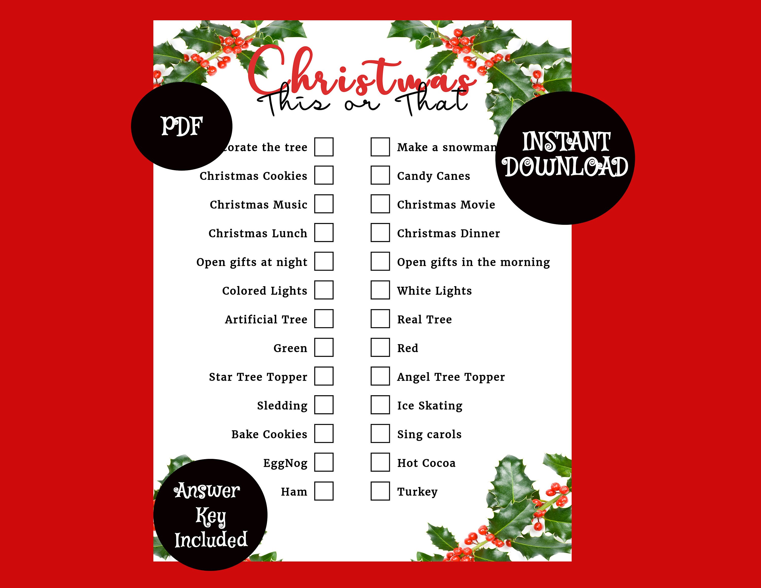 INSTANT DOWNLOAD Printable Christmas This or That Game / Party - Etsy