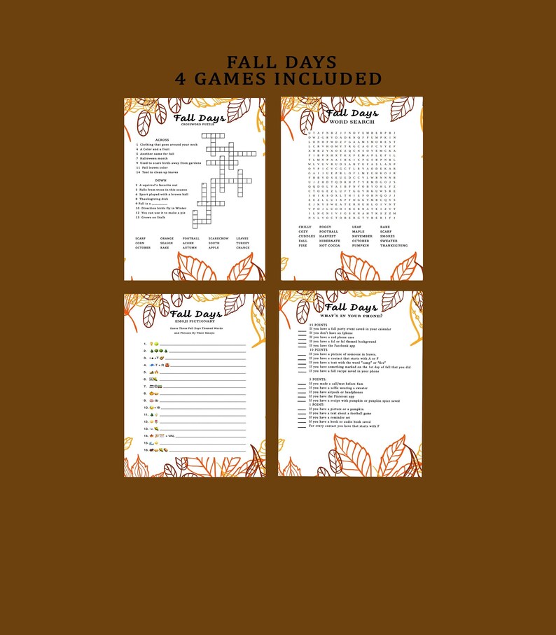 Fall Party Game Bundle, Printable Party Games, Crossword Puzzle, Word ...