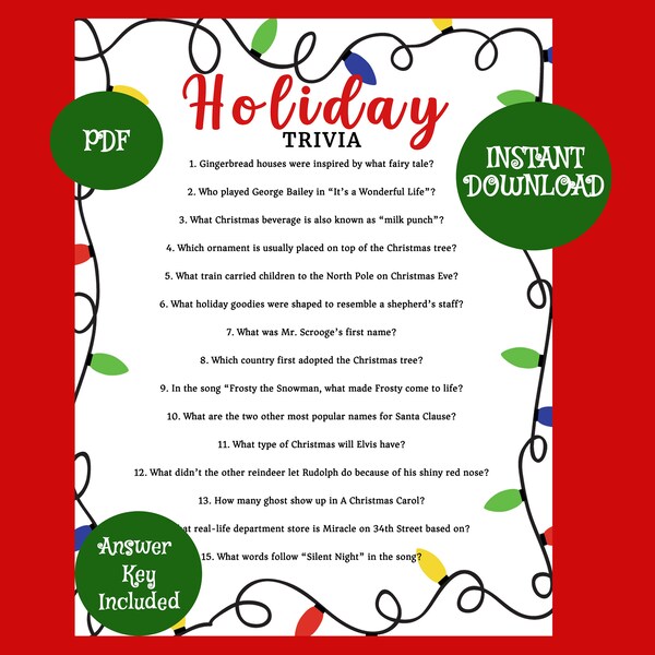 INSTANT DOWNLOAD Printable Christmas Trivia Game / Party Games / Holiday Shop