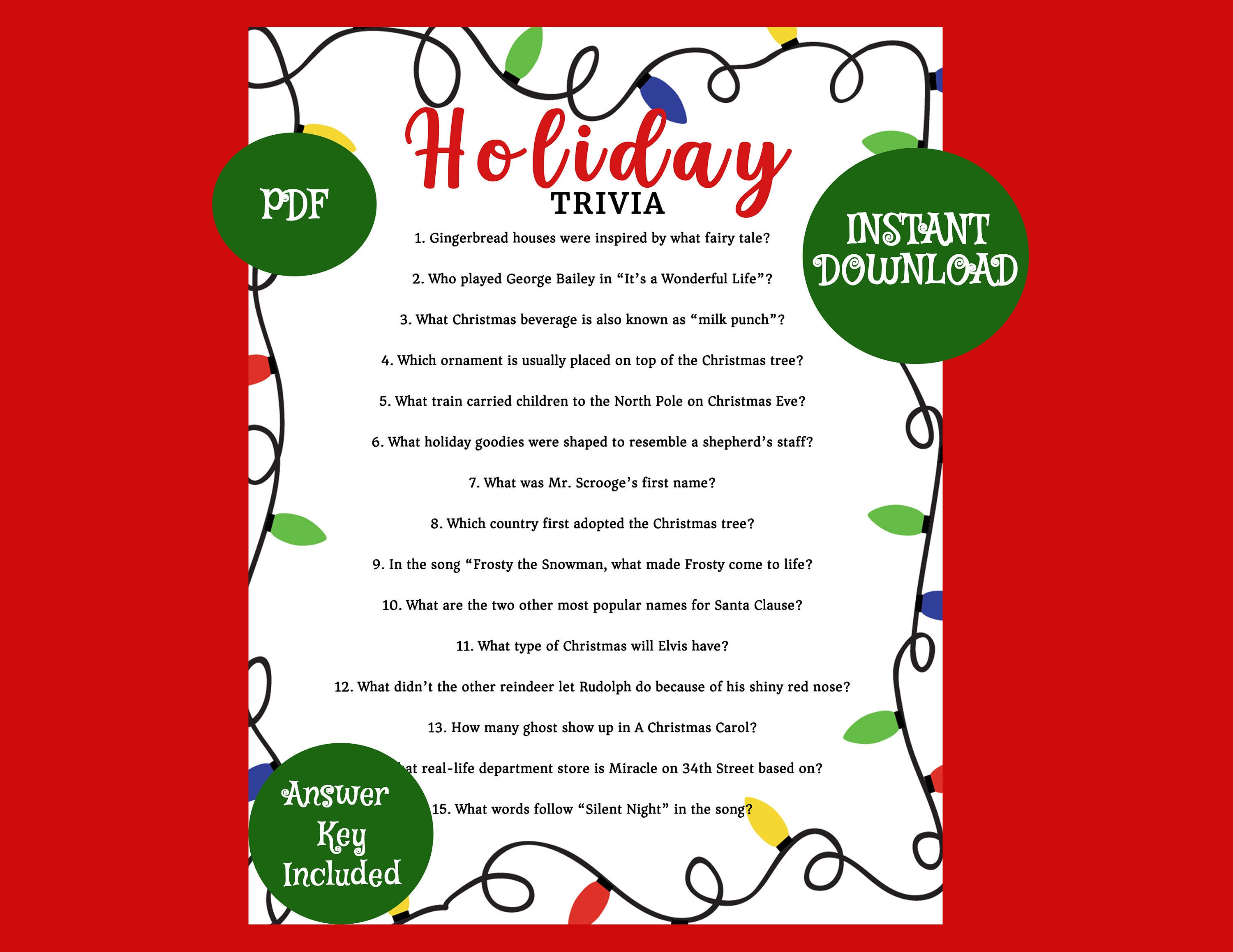 INSTANT DOWNLOAD Printable Christmas Trivia Game / Party Games - Etsy