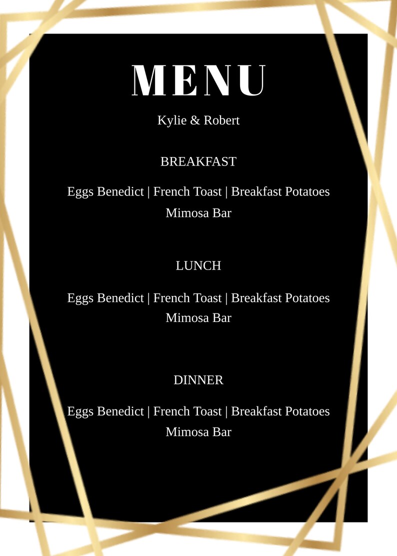 Black and Gold Menu Card, Elegant Menu, Special Event Menu, Instant