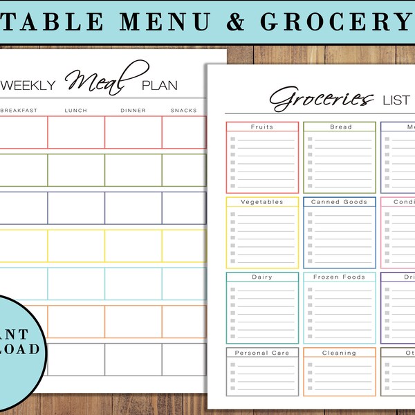 INSTANT DOWNLOAD Modern Printable Menu Download Weekly Menu Planner Template | Grocery List Printable | Organization Tools | Meal Planner