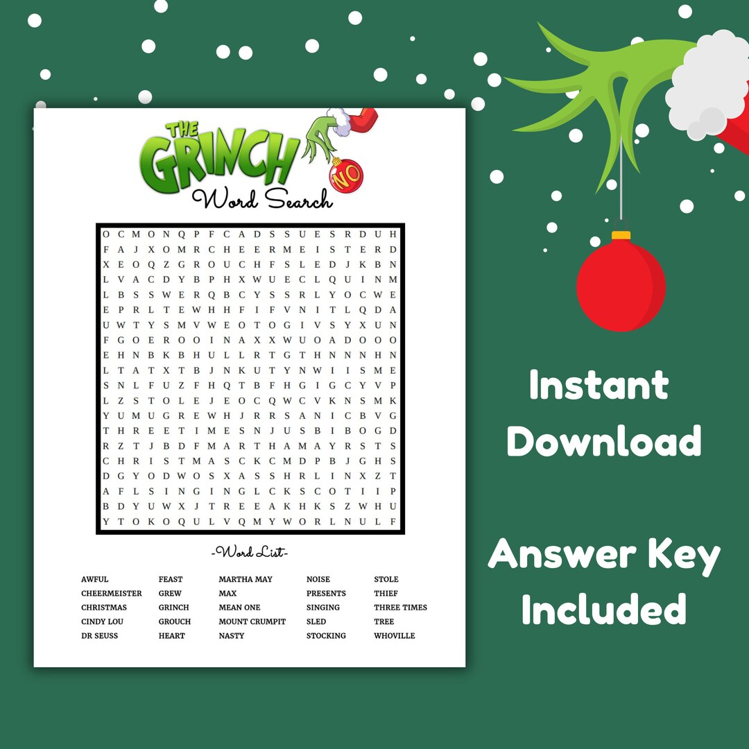 INSTANT DOWNLOAD Printable Grinch Word Search / Party Games / Holiday ...