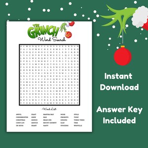 INSTANT DOWNLOAD Printable Grinch Word Search / Party Games / Holiday ...