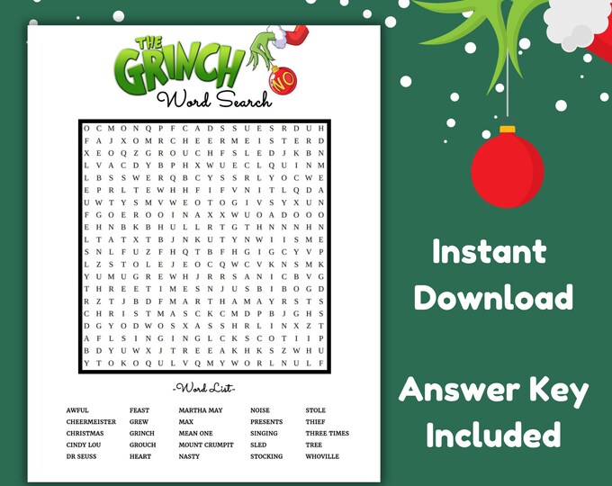 INSTANT DOWNLOAD Printable Grinch Word Search / Party Games / Holiday ...