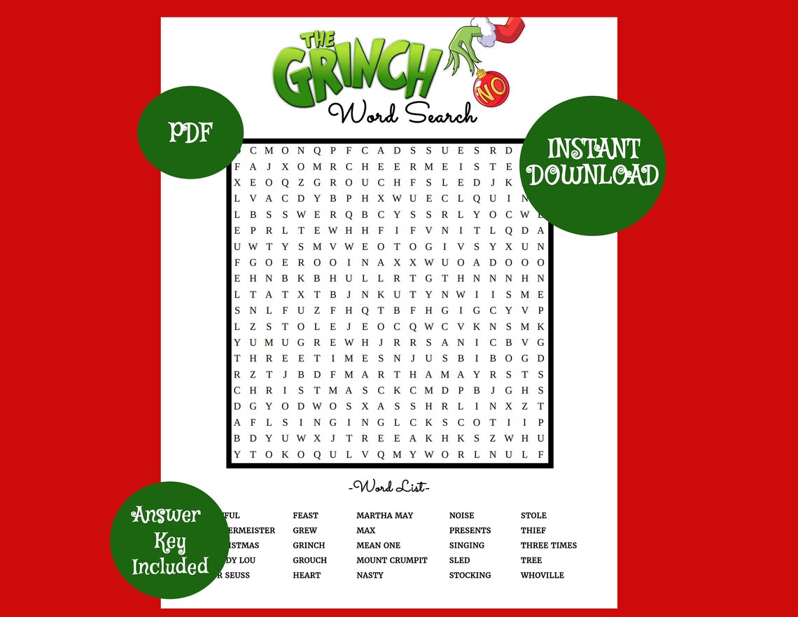 INSTANT DOWNLOAD Printable Grinch Word Search / Party Games / - Etsy