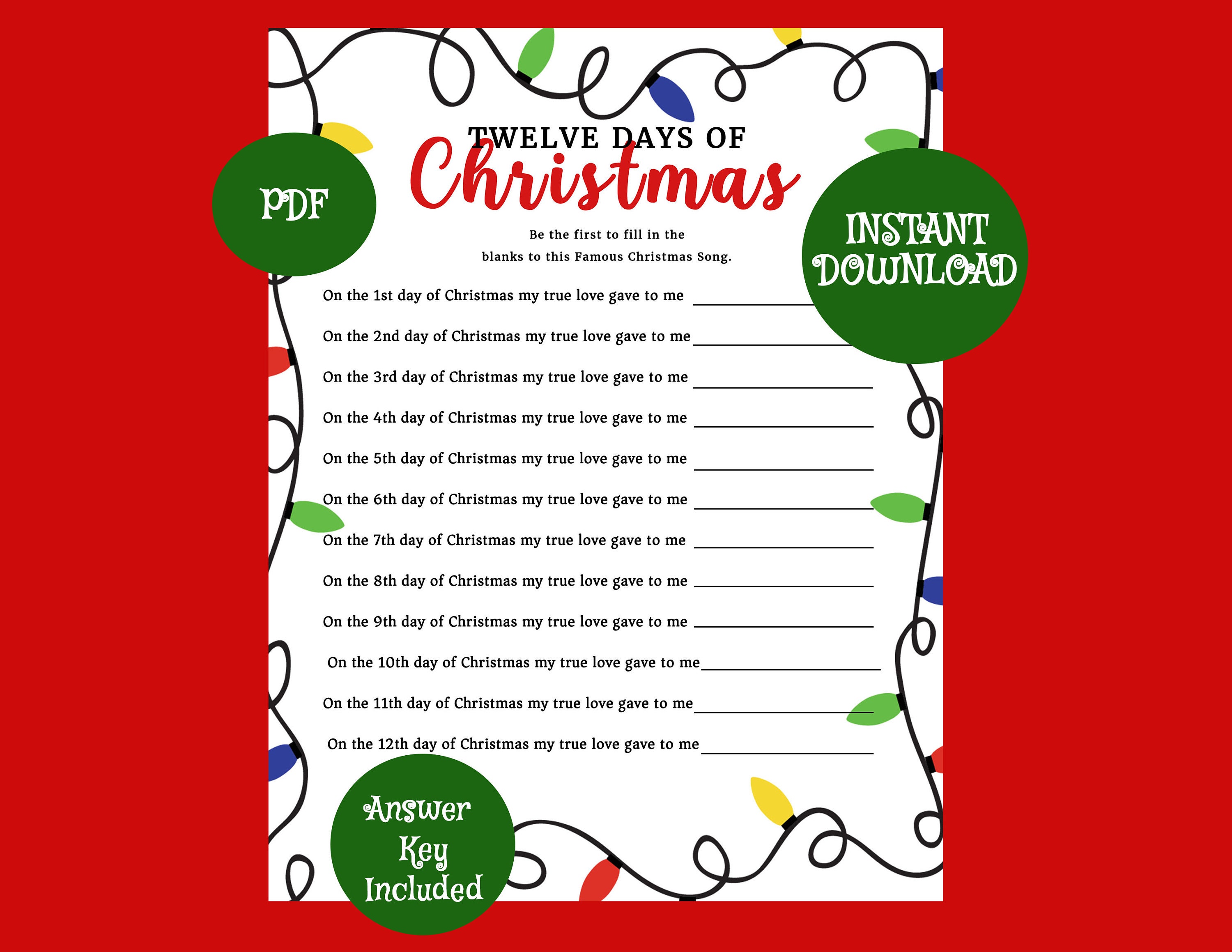 INSTANT DOWNLOAD 12 Days of Christmas Game / Party Games / Holiday Shop Etsy