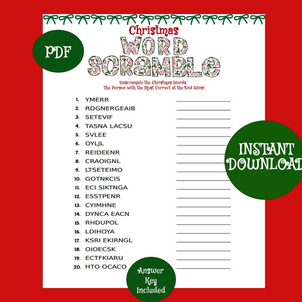 INSTANT DOWNLOAD Printable Christmas Word Scramble Game / Party Games / Holiday Shop