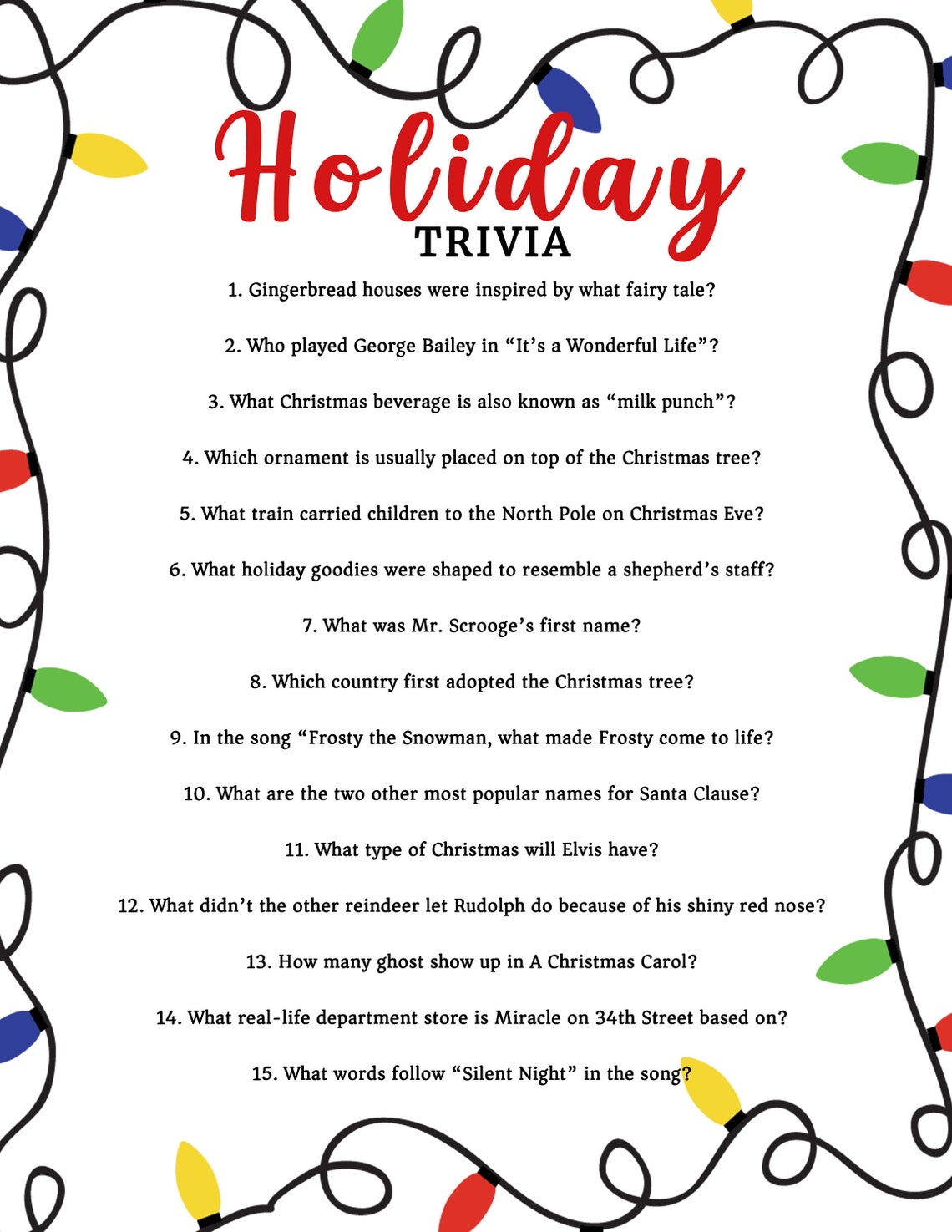 INSTANT DOWNLOAD Printable Christmas Trivia Game / Party Games Etsy