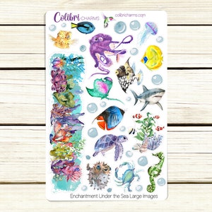 May include: A sheet of colorful stickers featuring underwater sea life, including a purple octopus, a blue and orange fish, a seahorse, a starfish, a shark, and coral. The stickers are labeled "Enchantment Under the Sea Large Images".