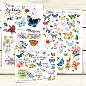 May include: A set of colorful butterfly and bee themed stickers with sayings like "don't hate pollinate", "save the bees", "the hum of bees is the voice of the garden", and "our imagination gives us wings".