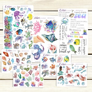 May include: A set of eight colorful sticker sheets featuring ocean-themed illustrations. The stickers include sea creatures, coral reefs, seashells, and ocean-inspired quotes. The stickers are perfect for adding a touch of whimsy to planners, journals, and other creative projects.