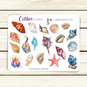 May include: A sheet of stickers featuring watercolor illustrations of seashells, starfish, and coral. The stickers are white with a purple border and the text "Colibri CHARMS" and "Enchantment Seashells".