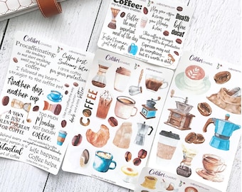 Coffee Break Planner Stickers: Hand-Painted Caffeine Lover Deco and Quotes