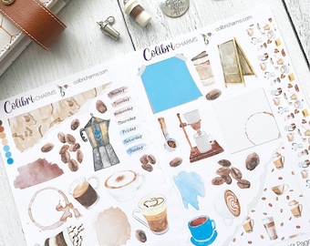 Coffee Break Journal Kit: Hand-Painted Planner Stickers for Caffeine Addicts
