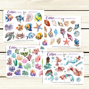 May include: Four sheets of stickers featuring watercolor illustrations of sea creatures, seashells, coral, and mermaids. Each sheet has the text "Colibri CHARMS" and "colibricharms.com".