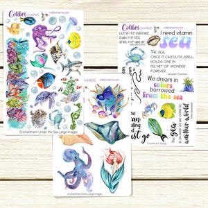 May include: A set of colorful watercolor stickers featuring sea creatures, shells, and inspirational quotes about the ocean. The stickers are perfect for adding a touch of whimsy to journals, planners, and other creative projects.