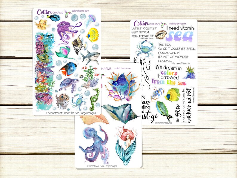 May include: A set of colorful watercolor stickers featuring sea creatures, shells, and inspirational quotes about the ocean. The stickers are perfect for adding a touch of whimsy to journals, planners, and other creative projects.