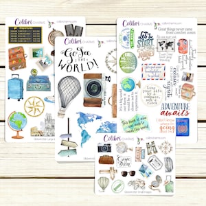 May include: A set of watercolour stickers featuring travel-themed illustrations and quotes. The stickers include images of suitcases, globes, hot air balloons, compasses, and maps. The quotes include "Go See the World!" and "Adventure Awaits".