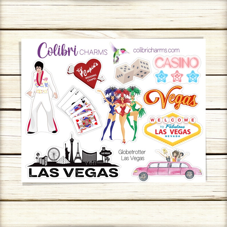 May include: A set of 10 Las Vegas themed stickers featuring images of Elvis, showgirls, playing cards, dice, a wedding chapel, a limousine, a cityscape, and a welcome to Las Vegas sign. The stickers are printed on white paper with a glossy finish.