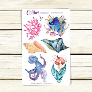 May include: A sheet of stickers featuring watercolor illustrations of a seashell, a mermaid, an octopus, a coral, and a fish. The stickers are labeled "Enchantment Extra Large Images" and "Colibri Charms".