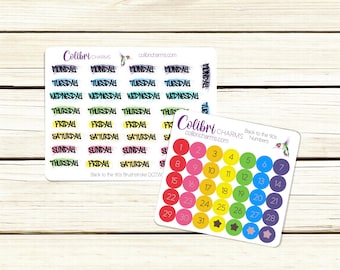 90s Brushstroke Planner Stickers, Neon Graffiti Days of Week, Number Date Dots