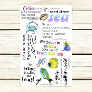 May include: A set of 10 colorful digital scrapbook stickers with ocean-themed quotes and illustrations. The stickers feature a blue crab, a seahorse, a starfish, and a seashell. The quotes include "Life is like the ocean; it goes up and down", "The sea is as near as we come to another world", and "We dream in colors borrowed from the sea".