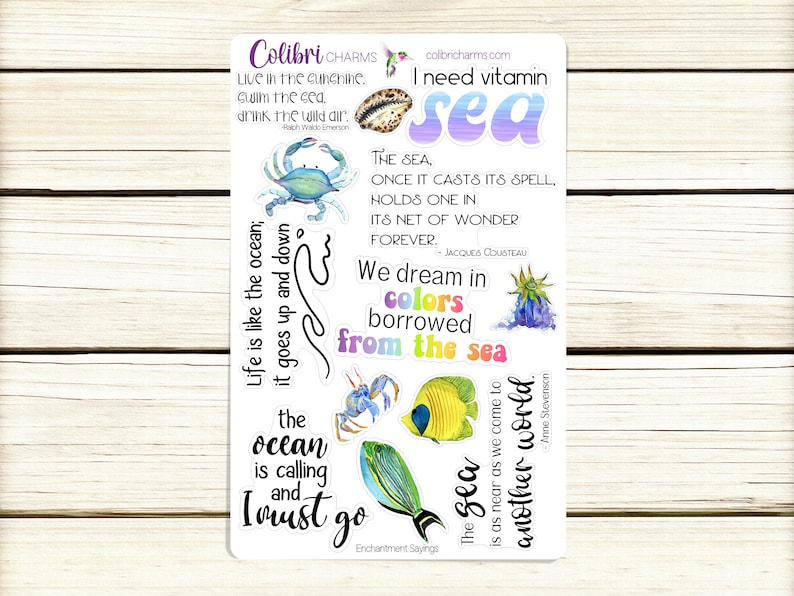 May include: A set of 10 colorful digital scrapbook stickers with ocean-themed quotes and illustrations. The stickers feature a blue crab, a seahorse, a starfish, and a seashell. The quotes include "Life is like the ocean; it goes up and down", "The sea is as near as we come to another world", and "We dream in colors borrowed from the sea".