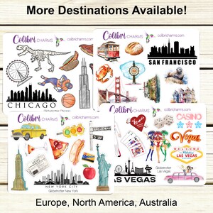 May include: Four sticker sheets featuring illustrations of various landmarks and icons from different cities around the world. The sheets include illustrations of the Golden Gate Bridge, the Statue of Liberty, the Eiffel Tower, the Sydney Opera House, and more. The text "More Destinations Available!" is at the top of the image. The text "Europe, North America, Australia" is at the bottom of the image.
