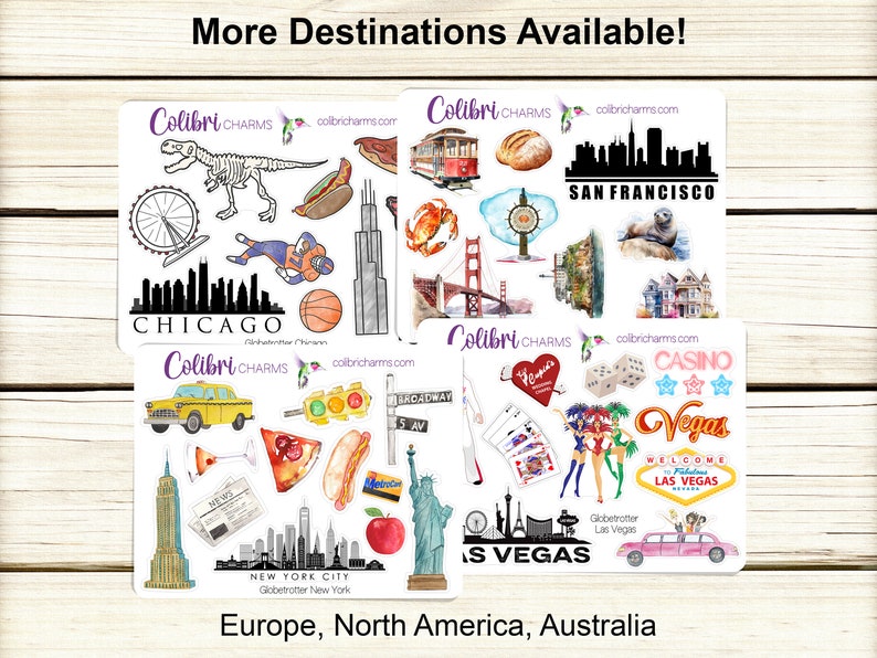 May include: Four sticker sheets featuring illustrations of various landmarks and icons from different cities around the world. The sheets include illustrations of the Golden Gate Bridge, the Statue of Liberty, the Eiffel Tower, the Sydney Opera House, and more. The text "More Destinations Available!" is at the top of the image. The text "Europe, North America, Australia" is at the bottom of the image.