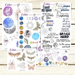 May include: A set of four sheets of space-themed stickers featuring watercolor illustrations of planets, stars, moons, and butterflies. The stickers include phrases like "I need my space", "Reach for the stars", "Space Nerd", and "To infinity and beyond!"