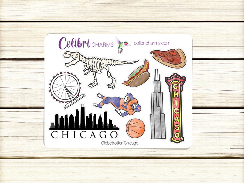 May include: A set of eight stickers featuring various Chicago-themed illustrations, including a dinosaur skeleton, a hot dog, a pizza slice, a Ferris wheel, a basketball, a Chicago skyline, a skyscraper, and a "Chicago" sign. The stickers are white with black outlines and colorful accents. The text "Colibri CHARMS" and "globetrotter Chicago" are also included.