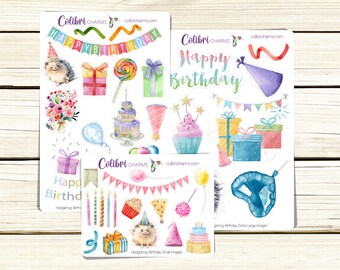 Hedgehog Birthday Planner Stickers | Celebration Stickers  | Brightly Colored  Planner Stickers | Party Stickers