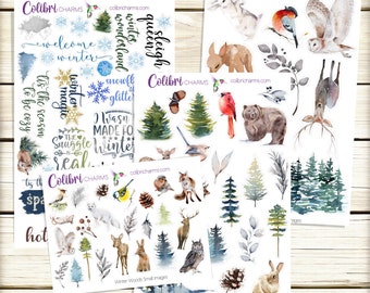 Winter Woods Planner Stickers | Foggy Forest Stickers | Winter Animal Planner Sticker Kit | Seasonal Planner Stickers