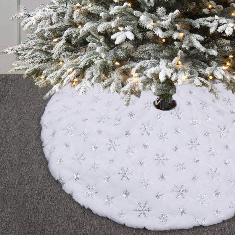White Snow Tree Skirt Embroidered Snowflakes Xmas Round Tree | Etsy