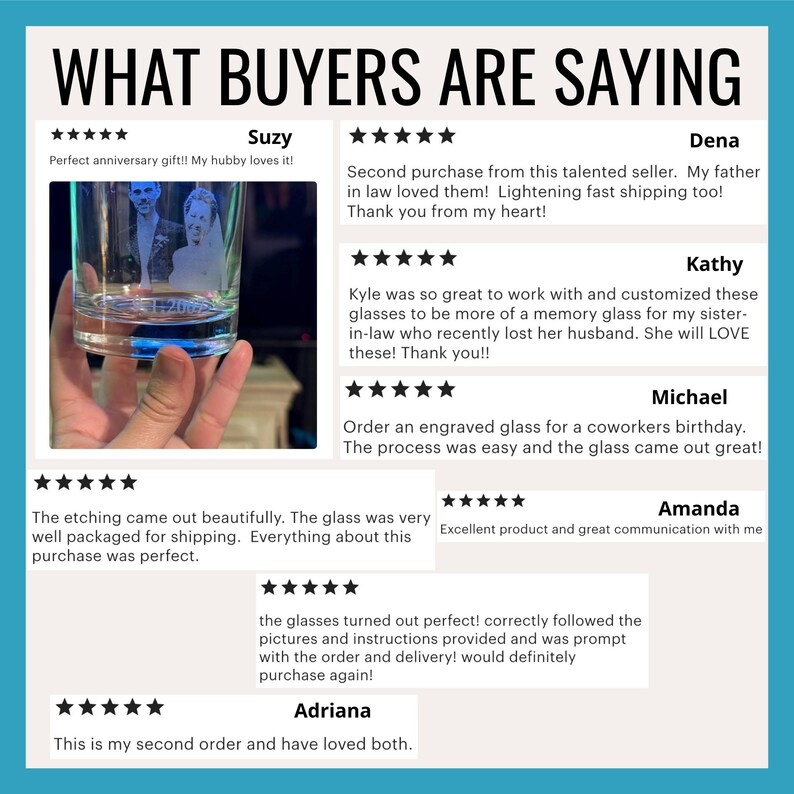 K&ouml;nnte beinhalten: Ein graviertes Glas mit einem Foto eines Paares, gehalten von einer Hand. Das Bild ist von Kundenbewertungen mit F&uuml;nf-Sterne-Bewertungen umgeben. Der Text "WHAT BUYERS ARE SAYING" steht oben.