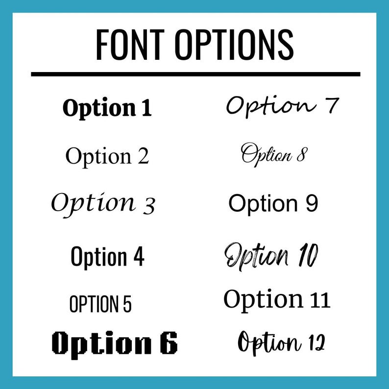 K&ouml;nnte beinhalten: Ein wei&szlig;er Hintergrund mit dem Text "FONT OPTIONS" in Schwarz. Darunter werden zw&ouml;lf Schriftoptionen angezeigt, nummeriert von 1 bis 12, die jeweils einen anderen Schriftstil zeigen. Der Text ist schwarz.
