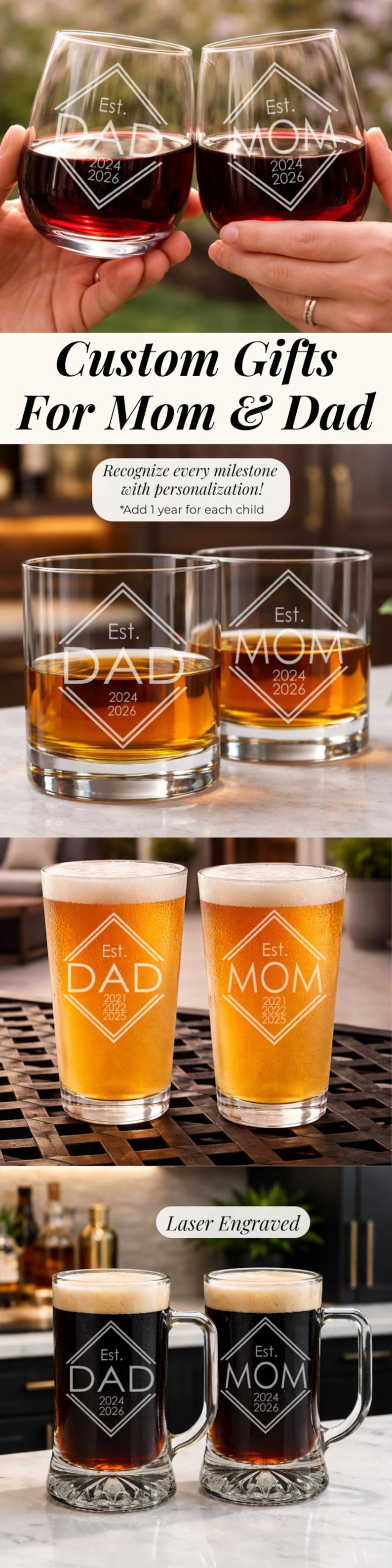 May include: Custom engraved glassware for Mom and Dad, featuring the words "DAD" and "MOM" with the years 2024 and 2026. The image shows stemless wine glasses, whiskey glasses, pint glasses, and beer mugs.