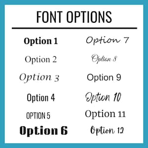 K&ouml;nnte beinhalten: Ein wei&szlig;er Hintergrund mit dem Text "FONT OPTIONS" in Schwarz. Darunter werden zw&ouml;lf Schriftoptionen angezeigt, nummeriert von 1 bis 12, die jeweils einen anderen Schriftstil zeigen. Der Text ist schwarz.