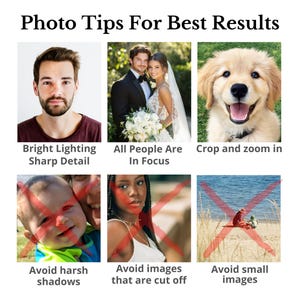 K&ouml;nnte beinhalten: Ein Bild mit dem Text "Photo Tips For Best Results" und Beispielen f&uuml;r Fotografie. Die Tipps umfassen gute Beleuchtung, scharfe Details und Zuschneiden. Das Bild zeigt auch, was man vermeiden sollte, wie harte Schatten und kleine Bilder.