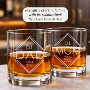 May include: Personalized gifts for Dad, Mom, and family. The image shows three glasses with the word "DAD" and "MOM" etched on them, along with the year 2024 and 2026. One is a beer mug.