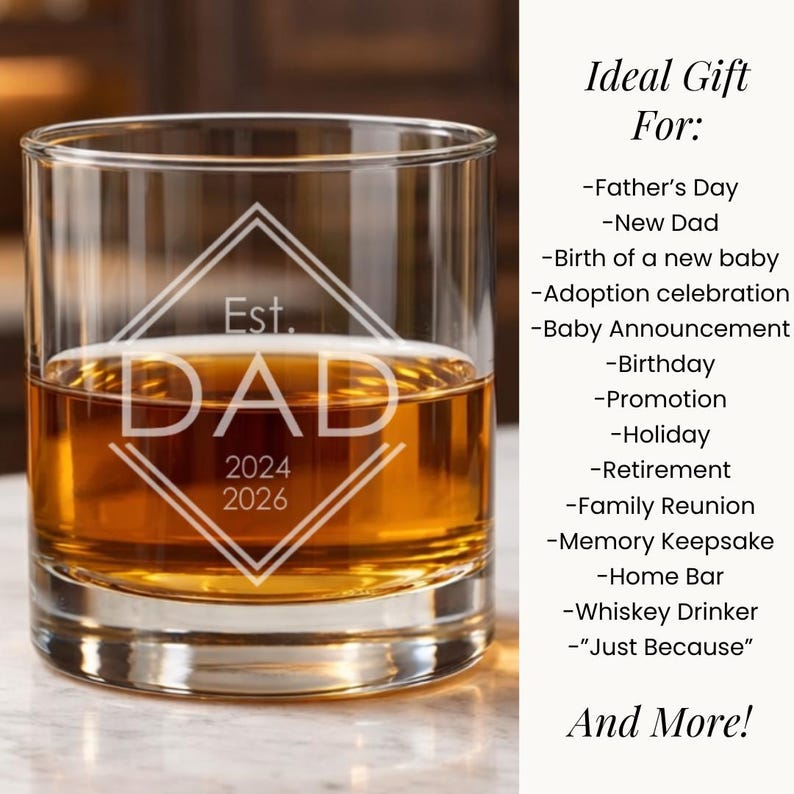 Custom Engraved Whiskey Glass Personalized Dad Gift Established Year Design Father Birthday Present Diamond Pattern Detail Heavy Bottom Rocks Glass Bourbon Scotch Tumbler Special Occasion Gift Unique Keepsake Item Premium Drinking