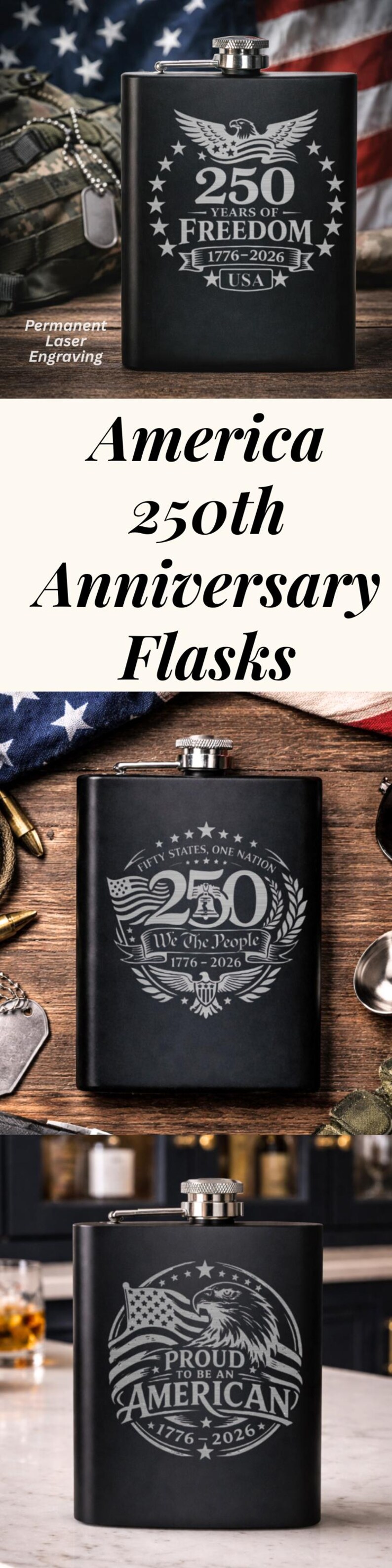 K&ouml;nnte beinhalten: Schwarze Edelstahl-Flachm&auml;nner mit patriotischen Designs, die 250 Jahre amerikanische Freiheit feiern. Jeder Flachmann hat lasergravierte Grafiken, darunter Adler, Flaggen und die Jahre 1776-2026. Ein tolles Geschenk.