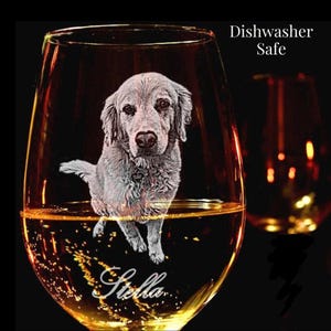 Custom Pet Portrait Stemless Wine Glass Laser Engraved Photo Gift Personalized Wine Tumbler Dog Memorial Present Etched Animal On Bar Glass